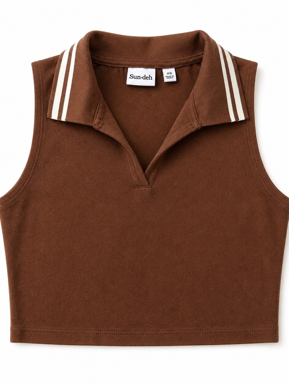 Sun-deh Brown Cropped Polo Tank with Striped Collar - Picture 2 of 3
